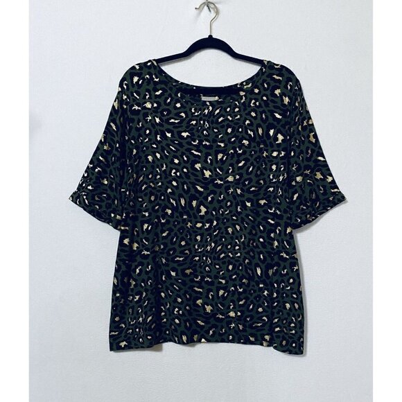 Chicos 2 Womens Large Olive Green Cheetah Print Top Cuffed Sleeve Gold Foil Boho - Picture 1 of 9
